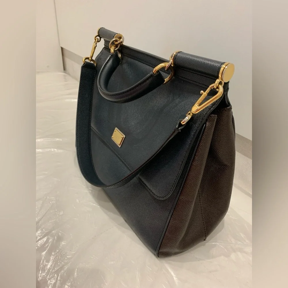 Dolce & Gabbana Black Leather Structured Top-Handle Satchel with Gold Plaque